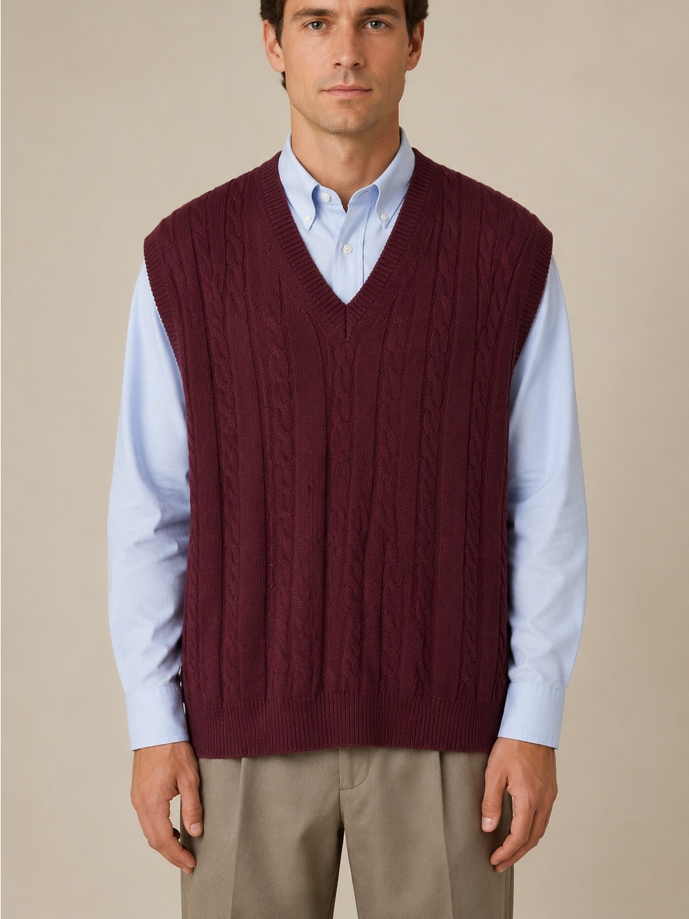 Vintage Jacobson’s 100% Lambswool Cable Knit Sweater Vest Burgundy XXL